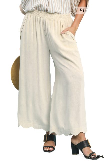 Plus Linen Blend Scallop Hem Wide Leg Pants