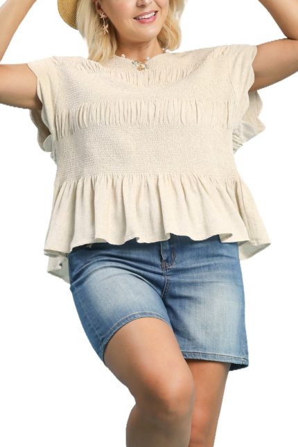 Plus Linen Blend Smocked Peplum Top