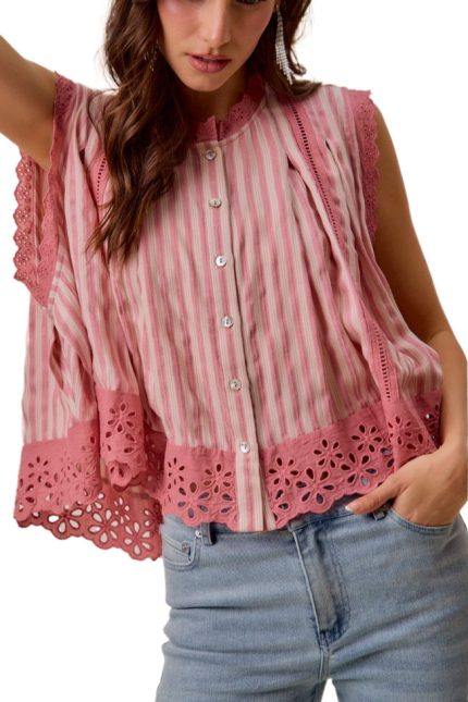 Stripe Flowy Woven Pleated Sleeveless Blouse Top