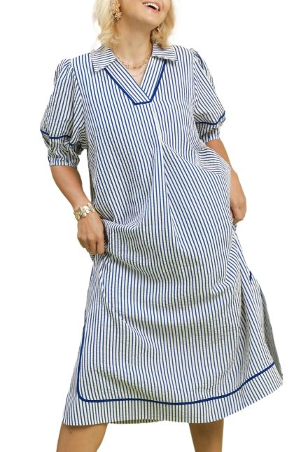 Plus Striped Midi Dress With Puff Sleeves