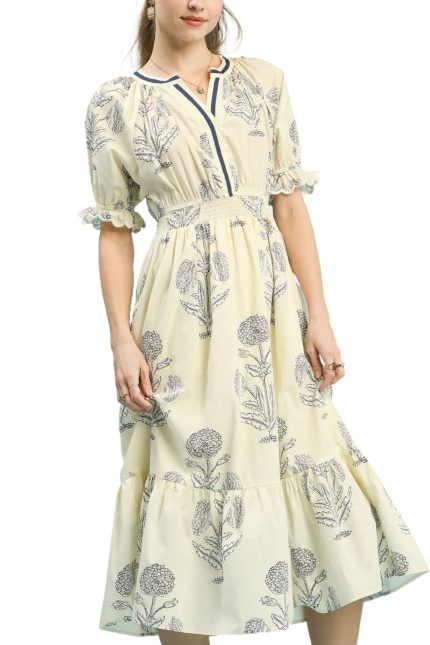 Floral Smocked Midi Cotton Dress