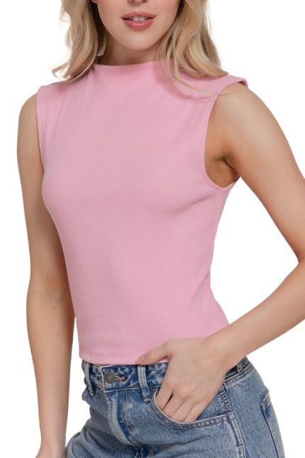 Sleeveless Mock Neck Ribbed Knit Top