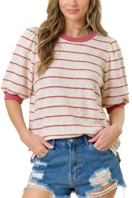 Harvest Stripe Puff Sleeve Crinkle Top