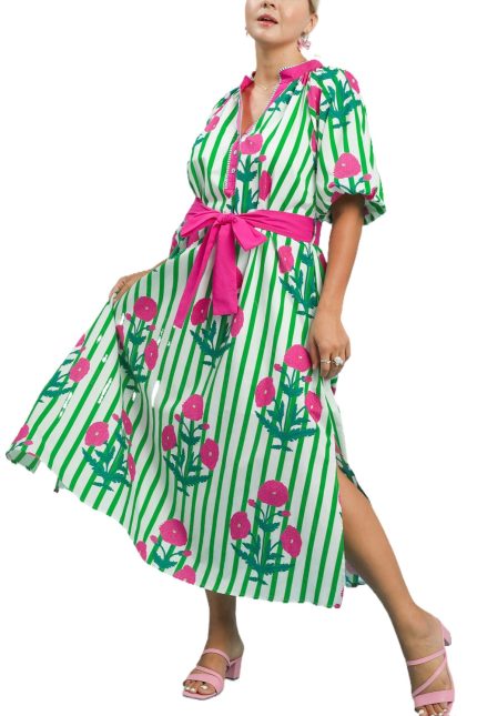 Plus Striped Floral Maxi Dress With Waist Tie