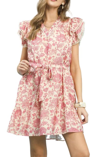Floral Ruffle Sleeve Tie-waist Dress
