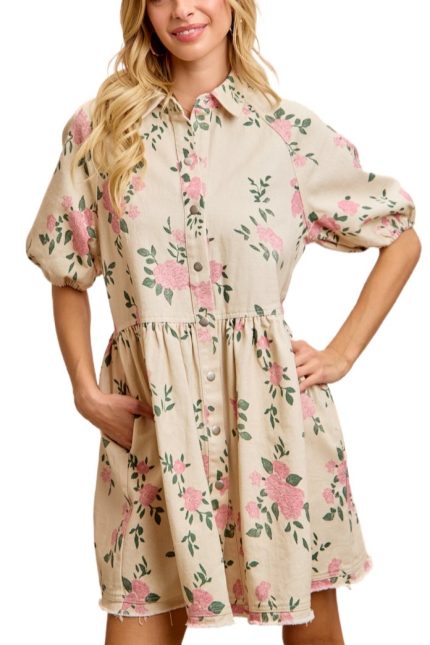 Floral Printed Denim Puff Sleeves Buttoned Dress