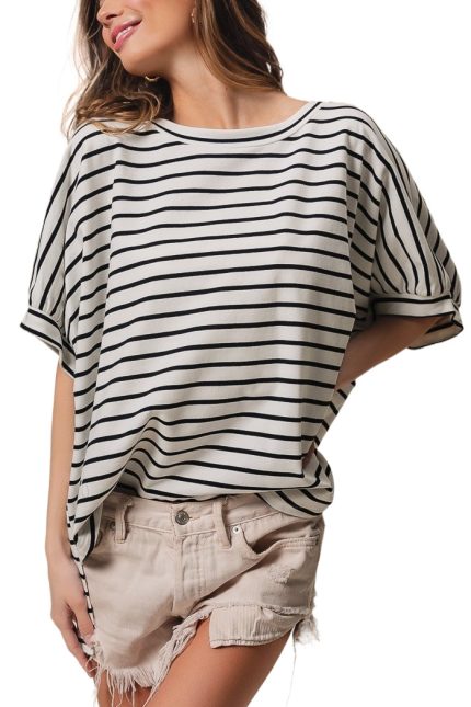 Stripe French Terry Three Quarter Top