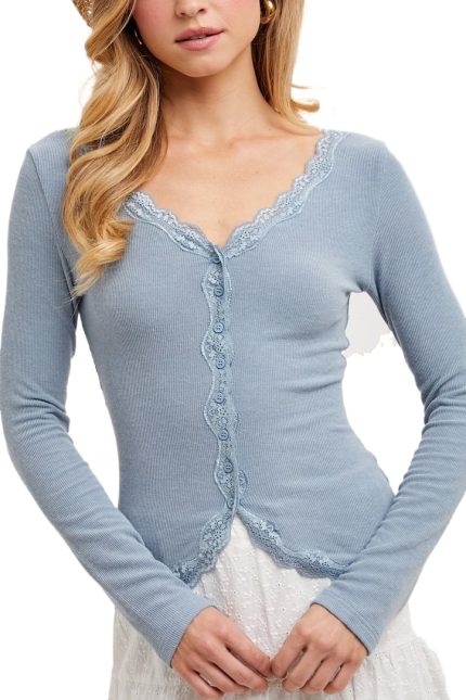Button Down Lace Trimmed Knit Cardigan Top
