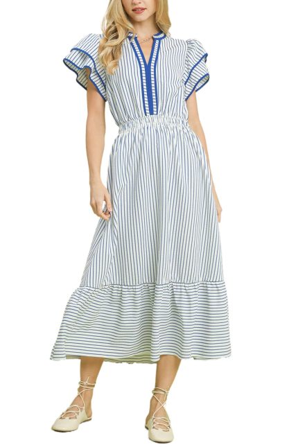 Striped Flutter Sleeve Midi Dress