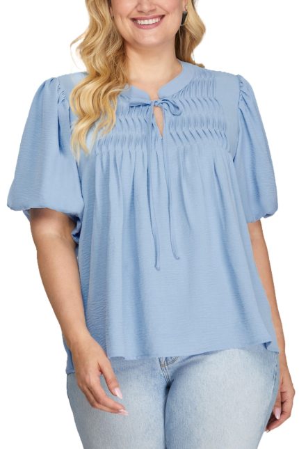 Plus Pintuck Detail With Neck Tied Woven Top