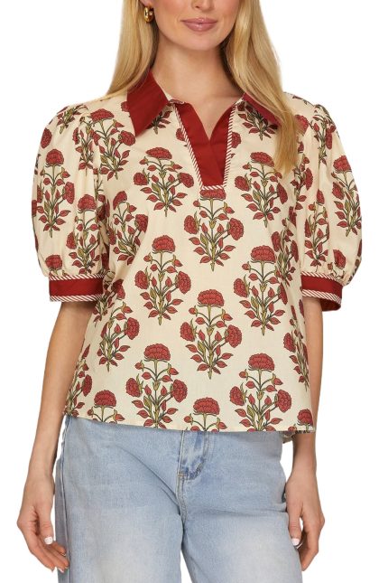 Woven Print Collared Top