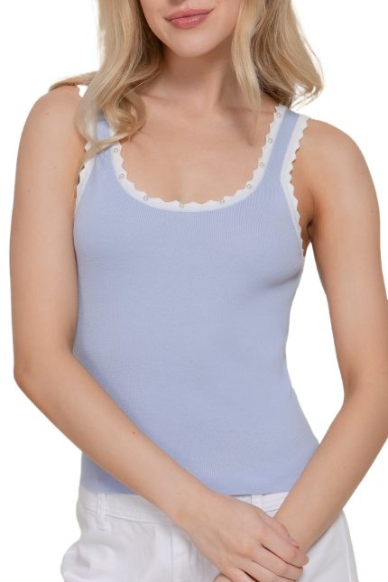 Square Neck W/scallop Pearl Sweater Tank Top