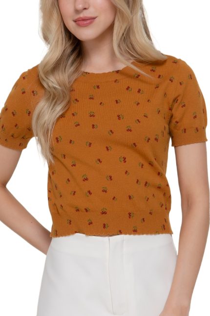 Short Slv Cherry Print Sweater Top