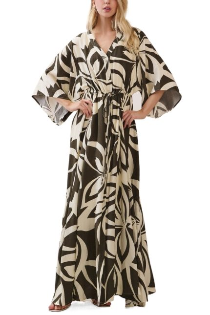 Floral Printed Kimono 3/4 Sleeve Button Down Maxi
