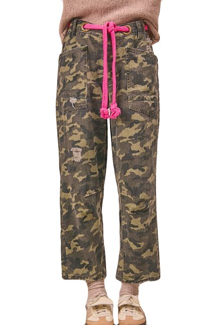 Braided Waist Belt Patch Camouflage Print Pants