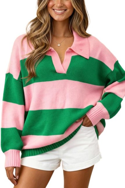 Collared Stripe Color Block Sweater Knit Top