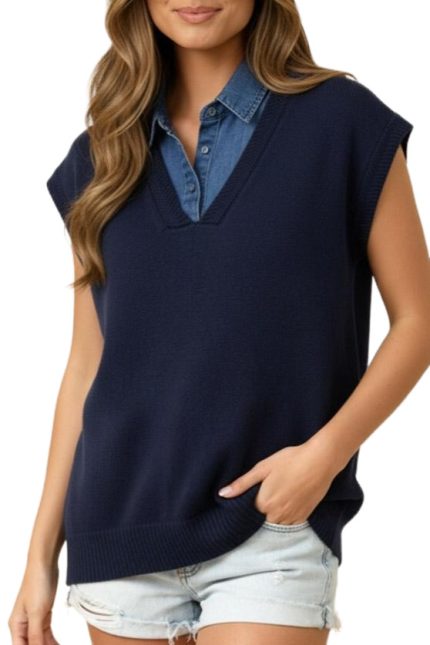 Denim Collared Shirt Twofer Sweater Vest