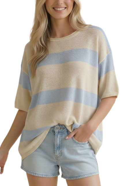 Round Neck Short Sleeve Stripe Sweater Top