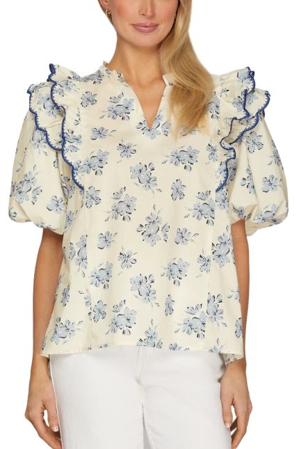 Short Bubble Sleeve Embroidered Printed Top