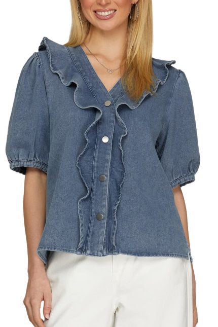 Half Sleeve Washed Denim Ruffled Top
