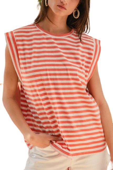 Striped With Sleeveless Knit Top
