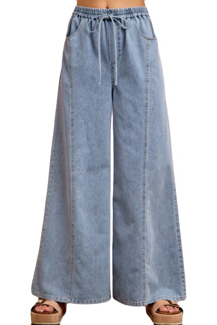 Denim Seamed Elastic Waist Wide Leg Jeans Pants