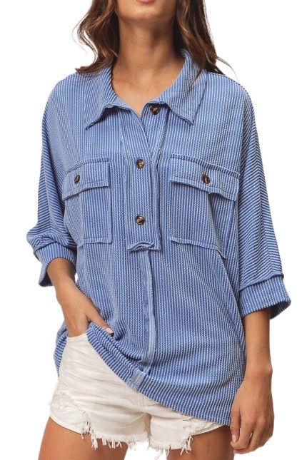 Cord Rib Cut Edge Collar Neck Top