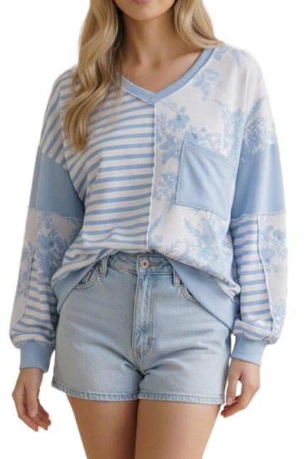 V Neck Floral And Stripe Color Block Knit Top