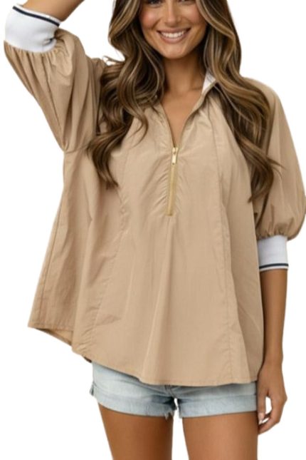 Front Zip-up Top With Ribbed Neck And Cuffs