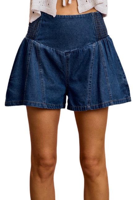 High Rise Smocked Flare Seam Denim Jeans Shorts