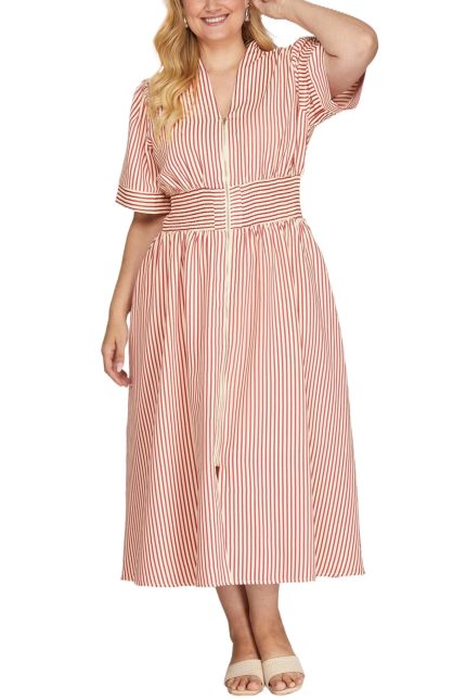 Plus Smocked Waist Front Zip Striped Midi Dress