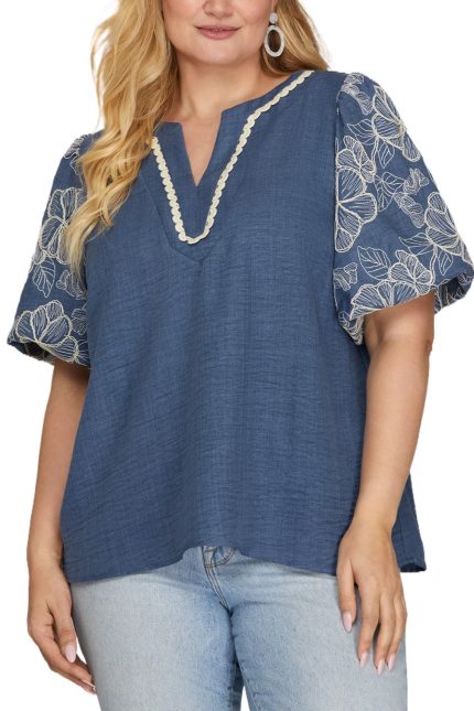 Plus Size Short Embroidered Puff Sleeve Woven Top