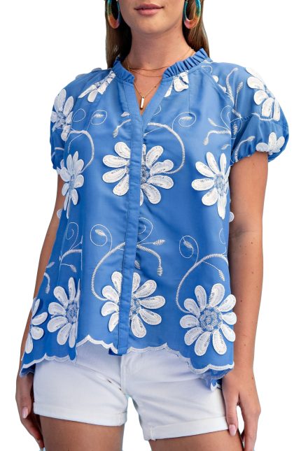 Floral 3d Applique And Embroidered V-neck Top