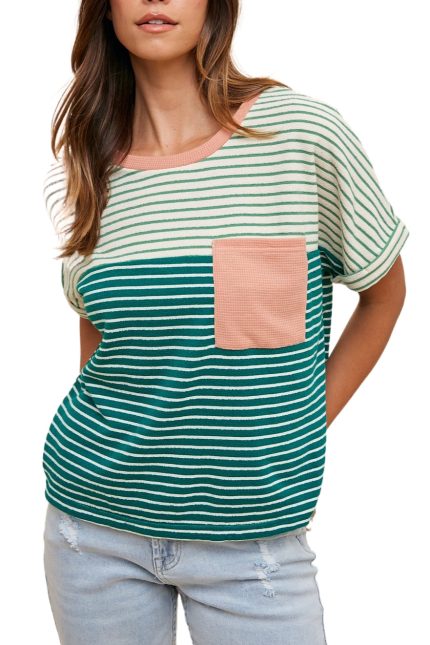 Color Block Striped Terry Loose Fit Top