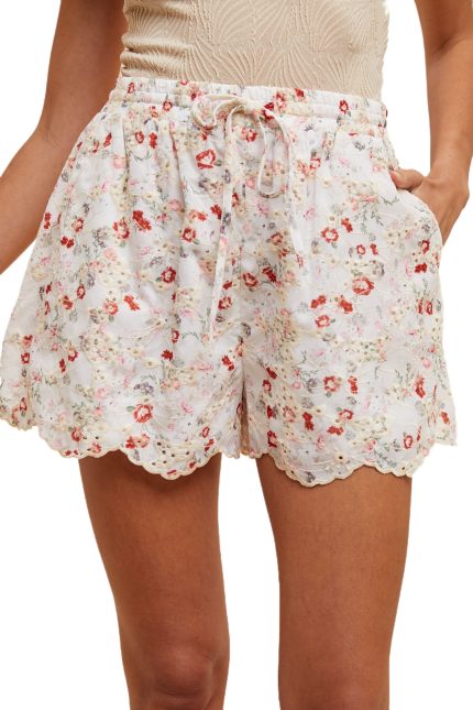 Scallop Edge Embroidery Floral Print Shorts
