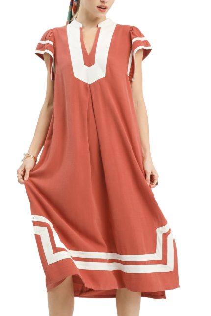 Linen Cotton Contrast Neckline Midi Dress