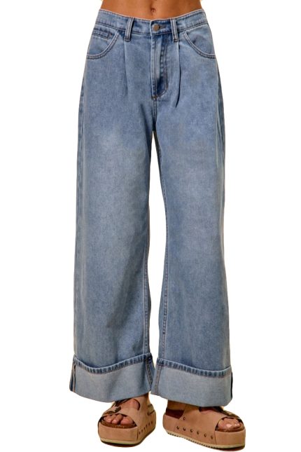 Mid Rise Pleated Wide Leg Denim Jeans Pants
