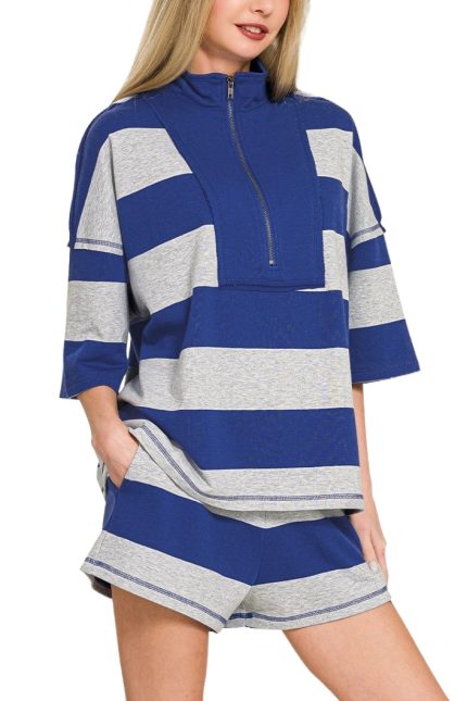 Frenchterry Striped Half Zip Top N Shorts Set