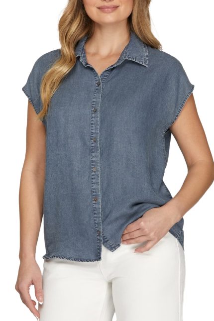 Chambray Collared Button Down Top