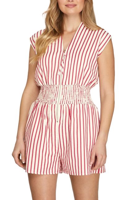 Striped Smocked Waist Front Zip Romper