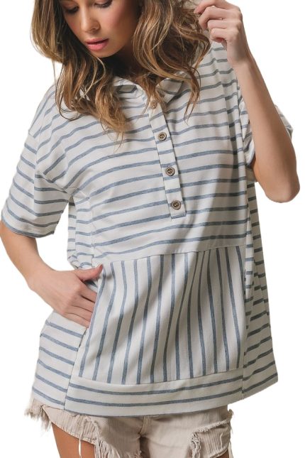 Stripe Hoodie Top With Front Pocket