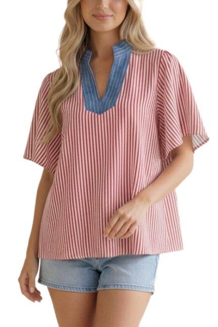 Stitched Neck Band Flutter Sleeve Stripe Top