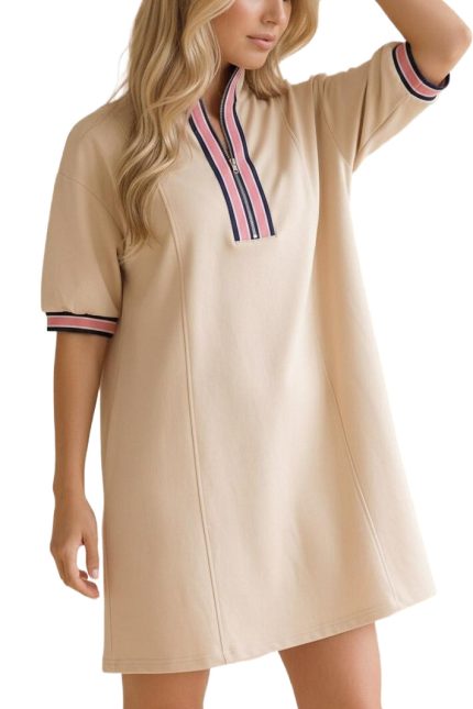 Front Half Zip Shift Solid French Terry Dress