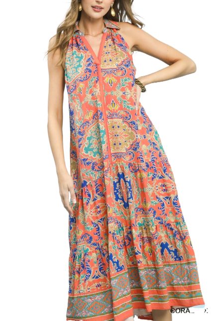 Mix Sleeveless Border Print Tiered Midi Dress