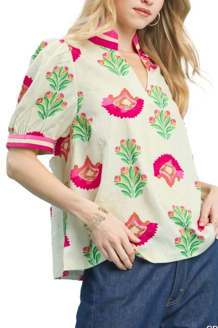 Print Puff Sleeve Blouse With Contrast Trim