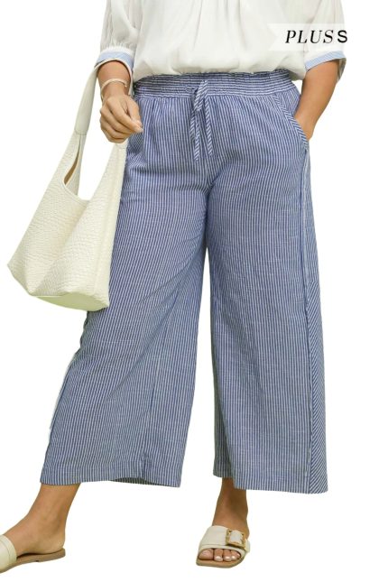 Plus Linen Blend Striped Wide Leg Pants