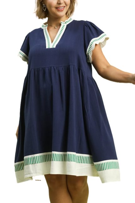 Plus Linen Color Block Flutter Sleeve Dress