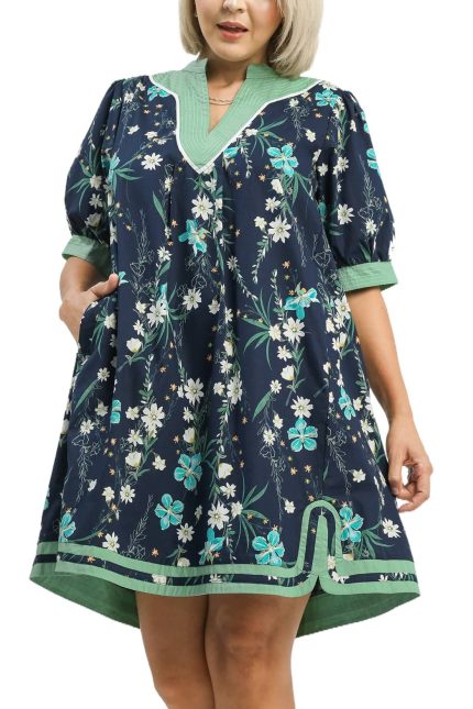 Plus Floral Puff Sleeve Dress With Contrast Trim
