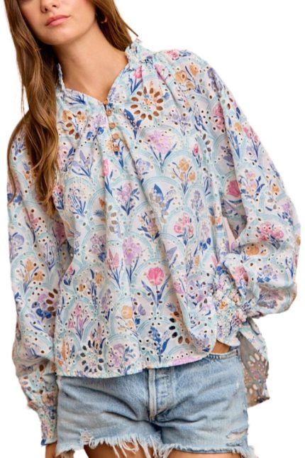 Printed Eyelet Woven Buttoned Blouse