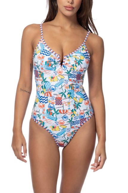 Vacation V Wire Front One Piece Swimsuit W/ Contrast Detail